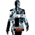 Pixelated figure in blue and black armor with red belt, standing upright against white background.