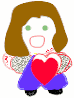 A cartoon figure with brown hair holds a red heart, wearing blue pants and gray patterned wings; one version shows 'Love' text on the heart.