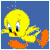 A pixelated yellow cartoon bird with orange feet and beak running left on a blue background, next to green text reading "Original Icons .com" on a dark green background.
