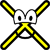 Pixelated yellow and black X-shaped figure with white eyes and black pupils, set against a gray background.
