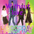 Pixelated image of four people dancing with text overlays on a colorful background.