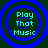 Four identical circular icons arranged in a , each containing the text "Play That Music" with blue concentric rings on a dark green background