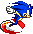 Pixelated blue hedgehog with red shoes and white gloves in three distinct running poses against gray background.