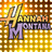 Pixelated icon with a golden grid background, featuring stylized text and a sword-like symbol in yellow and purple hues.