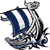 Pixelated icon of a Viking ship with blue sails and gray hull, featuring a single figure at the stern holding a horn, set against a white background.