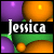 Animated sequence of a showing repeated orange spheres, purple shapes, and green forms with the name "Jessica" overlaid on each frame