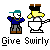 Pixel art character in blue shirt and teal cap stands beside a white toilet with yellow swirly object, text below reads 'Give Swirly' in pixelated font.