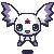Pixel art contact sheet showing two frames of a small cartoon character with white body, purple-and-white wings, red forehead gem, green eyes, and pink mouth in different poses against gray background.