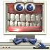 Pixelated computer monitor with blue bow tie, red mouth interior, and white teeth; two states show open mouth versus closed mouth with black bar.