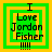 Green and yellow layered square icon with black text reading "I Love Jordan Fisher" and four exclamation marks below, displayed in four variations with differing border and text alignment.