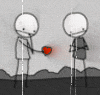 Animated sequence of two stick figures exchanging a red heart against a gray landscape with vertical lines.