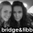 Two grayscale figures with long hair stand side-by-side against a pixelated background, below which white text reads 'bridge&libb' on black.