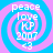 Four identical pixelated icons arranged in a , each featuring a blue and pink spiral background with white text reading peace, love, KP, 2007, and <3