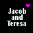 Black background with white pixelated text 'Jacob and Teresa' in four quadrants, each containing a distinct pink pixel art symbol above or near the text.