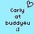 Pixelated blue background with black text and symbols; two identical static displays of 'Carly at buddy4u ;]' with a heart symbol above the left display.