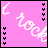Pink background with white cursive text 'i rock' repeated diagonally, small black and gray pixel clusters on left edge.