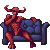 Pixelated figure with red-orange skin and curved horns reclines on a blue couch, legs crossed, against gray background.