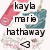 Pixelated icon with stylized text 'kayb marie hathaway' and a heart symbol, featuring pink and blue abstract shapes on white background.