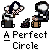 Animated contact sheet showing 12 frames of a buddy icon with two cartoon characters and orange circular motion elements, each frame labeled "A Perfect Circle" text below.