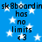 Blue background with white stars, repeated text 'sk8boardin sk8boardin has no limits <3' in black pixelated font.