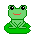 Four pixelated green frogs with red mouths and black eyes in various sizes and positions on a gray background.