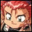 Pixelated anime-style character with red hair and green eyes, next to stylized text on a black background.