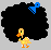 Pixel art of a yellow duckling with orange beak and feet standing before a large black afro, with a blue hairbrush above its head.