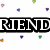 White background with scattered colored dots, black-outlined text reading FRIENDS and STARS, and a partial view of a star-shaped object with a single letter R.