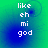Pixelated text 'like eh mi god' on a green-to-blue gradient background with subtle circular patterns.