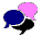Six pixelated speech bubbles in blue, black, and pink arranged on a gray background with varying positions across frames.