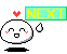 Pixelated cartoon character with white rounded head, red blush marks, and black shadow base; green 'NEXT' text box above with yellow letters and small red heart icon.