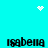 Cyan background with four instances of the text 'Isabella' in black pixelated font, and three white pixel clusters: one heart shape at top center, one starburst at top right, and one scattered dot pattern at center.