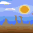 Pixel art contact sheet showing two frames of an animated icon with a desert landscape on the left and a grid of colorful blocks on the right.