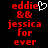 Red pixelated text on black background with white heart symbol above 'eddie' in left , 'eddie' text without heart in right