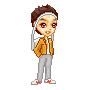 Pixel art character with brown hair, red eyes, white headband, tan jacket, gray pants, and red-accented shoes against gray background.