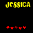 Yellow pixelated text 'JESSICA' above red heart symbols on a black background, with two variations of the hearts displayed side-by-side.