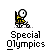 Pixel art animation of a wheelchair-bound figure with white head and yellow outfit, performing actions with orange basketballs under 'Special Olympics' text.