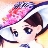 Pixelated close-up of a character with dark hair and large eyes, wearing a white top with dark accents and a pink and purple headpiece.