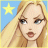 Pixelated static icon of a blonde woman with blue eyes and red lips against a light blue background featuring a yellow star, rendered in low-resolution 8-bit style with visible dithering and pixelation.