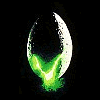 A black background displays multiple text fragments and images of alien creatures, including a glowing green egg and a creature with a long tail.