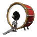 Six views of a red and white drum with brown trim, showing sequential motion of the drum pedal in different positions.