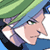 Pixelated anime-style character face with blue hair and green eyes, wearing a white shirt under a dark jacket, set against a blurred background of green foliage and blue sky.