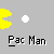 Pixelated yellow Pac-Man character with white mouth, some frames show small white dots or blue figures beneath text.