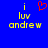 Blue background with yellow text 'i luv andrew' on left, red pixelated heart above 'i', identical static right side.