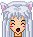 Pixel art character with white hair, pink cat ears, and green eyes in six distinct expressions against a gray background.