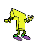 Yellow cartoon character with green limbs and purple shoes in multiple poses against gray background.