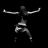 A black-and-white animated sequence shows a figure in motion against a solid dark background, performing dynamic poses with arms and legs extended.