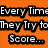 Pixelated orange background with white text reading "Every Time They Try to Score..." and "They Get DENIED!" above a blurred figure in yellow and black attire.