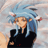 Pixelated anime-style character with light blue hair and closed eyes, wearing black clothing against a soft pastel background with white text on black