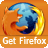 Pixelated orange square icon with blue and yellow circular design and white text reading 'Get Firefox' at bottom.
